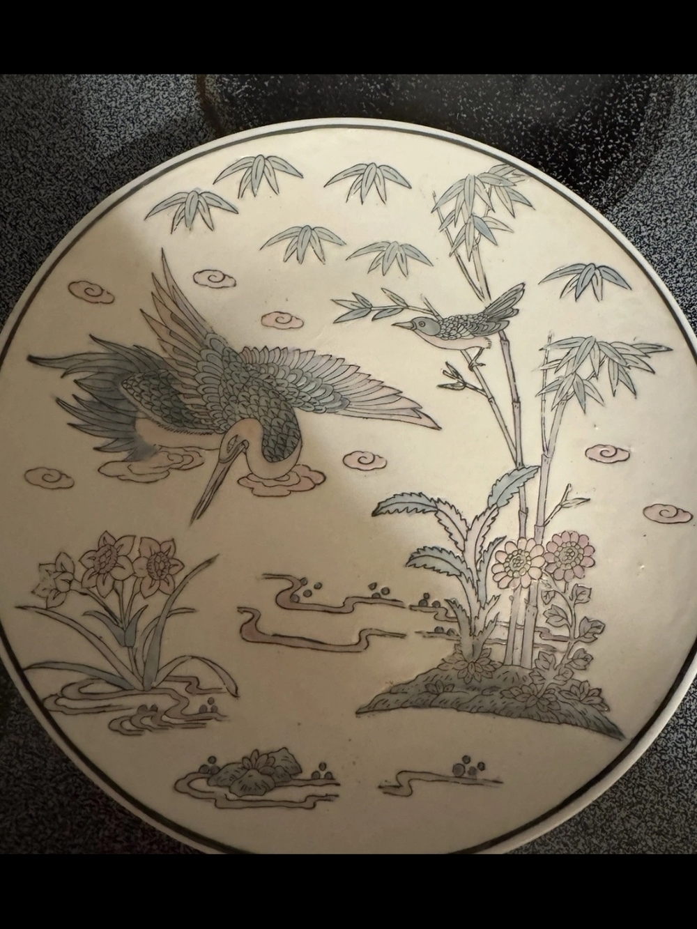 Decorative Porcelain Plate with Crane & Bamboo Motif - Pale Blue and Pink - Picture 2 of 3